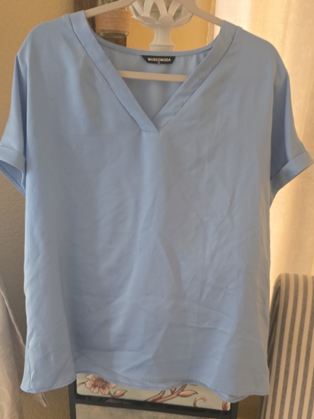 Mascomoda Light Blue V-Neck Blouse Xl Very Light Silk
